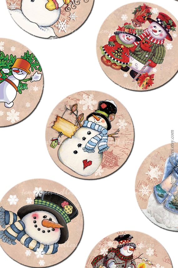 Digital Collage Sheet Snowman Christmas New Year 1 inch round images Vintage Scrapbooking Pendants Printable Original 4x6 inch sheet 226