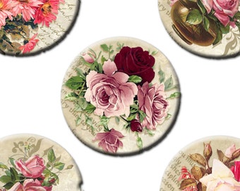 Digital Collage Sheet Vintage Roses 1 inch round images  Original  Printable 4x6 inch sheet Scrapbooking Bottle cap 60