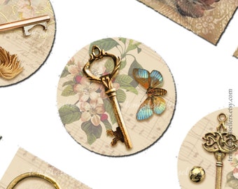 Digital Collage Sheet  Vintage Key 1 inch round 1x2 inch images Scrapbooking Pendants Printable Original  Printable 4x6 inch sheet  28