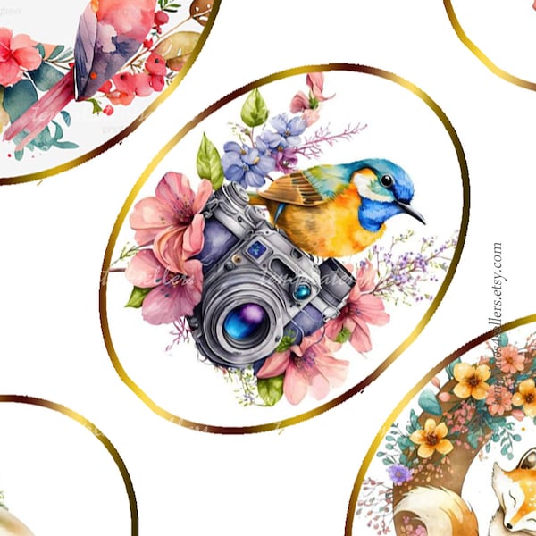Digital Collage Sheet Cute Pastel images oval 30x40 mm Fox Hat Birds for jewelry Scrapbooking Original  Printable 4x6 inch sheet 814