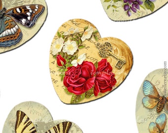 Digital Collage Sheet Vintage Flowers 1x1 inch heart shape images for Scrapbooking Pendants Lily Rose Original Printable 4x6 inch sheet 204