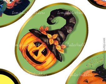 Digital Collage Sheet  Witches Halloween Cat 30x40 mm oval images Scrapbooking Pendants Original  Printable 4x6 inch sheet 605