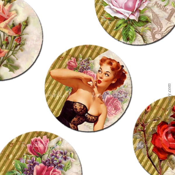 Digital Collage Sheet  Pin Up Girls 1 inch round images Vintage  Scrapbooking Pendants Printable Original  Vintage 4x6 inch sheet  105