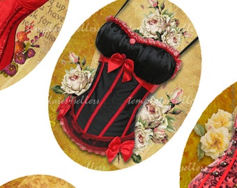 Digital Collage Sheet Vintage Red Corsets 30x40 mm oval  Original  Printable 4x6 inch sheet 163