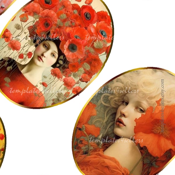 Digital Collage Sheet Beautiful Young Woman in Orange Pictures Old Painting 30x40 mm oval images Scrapbooking Pendants 4x6 inch sheet 924