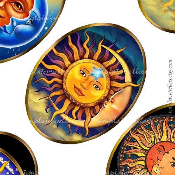 Digital Collage Sheet Sun and Moon Oval 30x40mm mages Jewelry Original  Printable 4x6 inch sheet 623