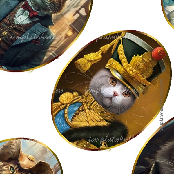 Digital Collage Sheet Dressed Cat in Hat  30x40mm oval images for pendants and jewelry making  Original  Printable 4x6 inch 915