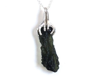 Moldavite Pendant, Sterling Silver Hands Holding a Natural Green Stone