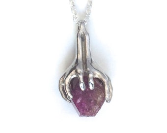 Sterling Silver Pendant, Hands Holding a Natural Pink Tourmaline Stone