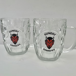 Vintage Super Draught Stein Retro Clear Bevelled “Sunday Sinners Devil “ Glass Tankards set of 2