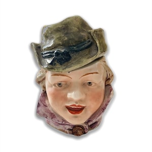 Antique Majolica Toby Figural Tobacco Jar &quot;Young Lady with Green Hat” Circa 1910’s