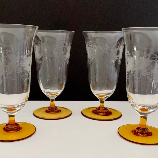 Beautiful Set of 4 Rare Vintage Etched Glass with Amber base Grapes and Vines Water Wine Glasses Circa 1930’s