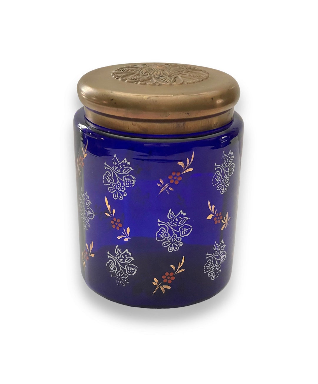 Vintage Cobalt Blue Glass Jar With Brass Plated Lid Over Metal Base