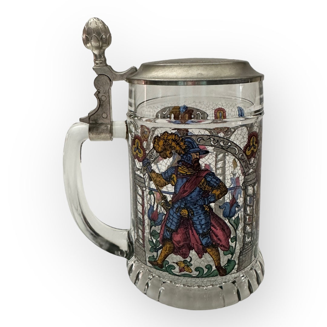 Vintage Milk Glass German Original BMF Bierseidel Beer Stein Pewter Lid