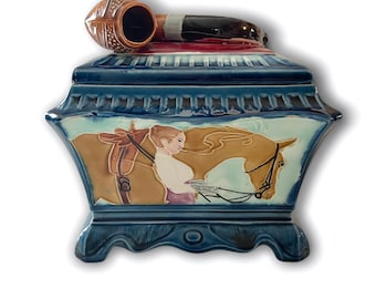 Beautiful Antique Early 20th Century Art Nouveau Style Blue Majolica Tobacco Pipe Humidor Stash jar with Equestrian Horse and Lady Rider