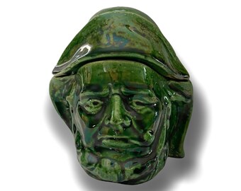 Rare Vintage Green Majolica Humidor Jar of Sailor’s Head Smoking Pipe Circa 1930-50’s
