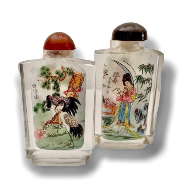 Botellas de rapé de vidrio chinas vintage pintadas a mano y firmadas (2 lotes) Lady and Birds muy bonitas