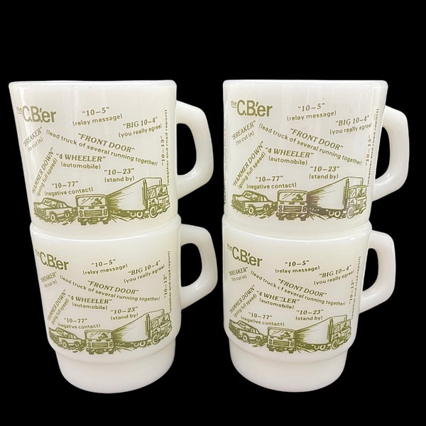 Vintage 1970’s Fire King Milk Glass Coffee Mug C.B.’ER CB Radio Green  Language Graphics set of 4