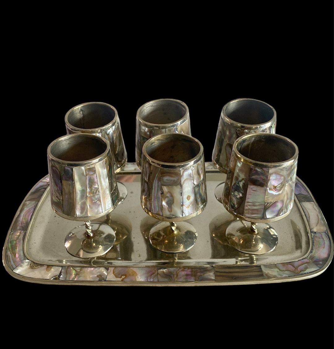 Vintage Alpaca Silver & Abalone Shell Set of 6 Cordial Goblets and Tray ...
