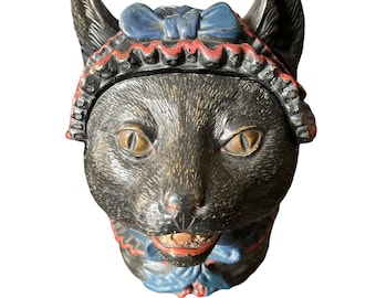 Antique Terracotta Evil Hissing Black Cat Tobacco Humidor Head Jar by Ferdinand Gerbing Witwe FGW Circa 1890