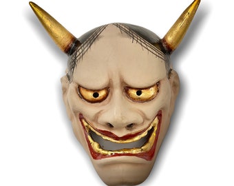 伝統的な日本の木製お面 Antique Japanese Wood Mask - Vintage Hand Carved and Painted