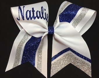 Royal blue, silver and white monogrammed cheer bow