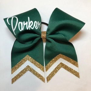 Monogrammed forest green, old gold and white glitter cheer bow