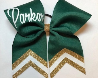 Monogrammed forest green, old gold and white glitter cheer bow