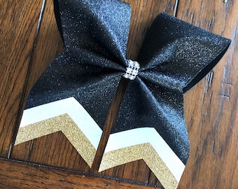 Black, gold and white glitter cheer bow