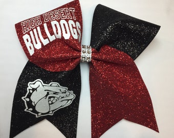 Bulldog red and black tick tock glitter cheer bow