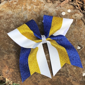 Royal blue, yellow gold and and white glitter cheer bow