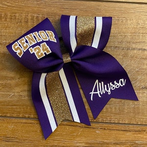 Senior 2024, monogrammed purple, gold and white glitter cheer bow