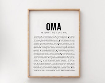 Gift for Oma, Reasons We Love You Oma, Any Name Personalised Framed Print or Printable Download, Birthday for Parents Gift Wrapped [147]