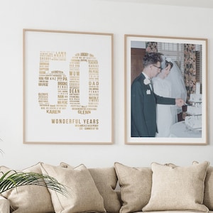 Regalo per il 50° anniversario per i genitori, decorazioni dorate per il 50° matrimonio, storia d'amore personalizzata, numero 50, nuvola di parole artistiche, stampa personale per marito e moglie