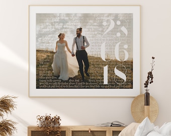 Song Lyrics Print with Photo, Personalised Wedding Gift for Her or Him, Paper Anniversary Wedding Vows Date 1st 1 First Year Text Wrap[160d]