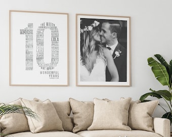 10th Wedding Anniversary Gift 10 Year Love Story Number Word Cloud Art Print Printable or Framed Tin Aluminium Gift Wife Husband [101]