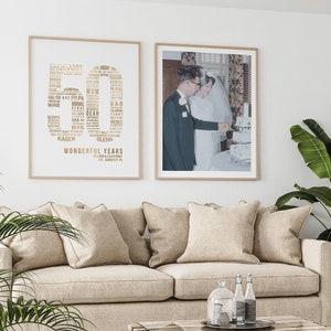 50th Anniversary Gift for Parents, Golden 50th Wedding Decorations, Custom Love Story Number 50 Word Art Cloud Personal Print Husband Wife