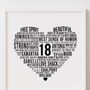 Nuage de mots personnalisé en forme de coeur pour 18 ans, cadeau d'appréciation de l'histoire d'une vie encadrée ou imprimable ou impression poster 110
