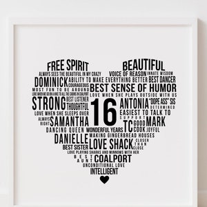 Regalo di compleanno per 16 anni, nuvola di parole a forma di cuore personalizzata per 16 anni, regalo di apprezzamento della storia della vita incorniciato o stampabile o poster 110