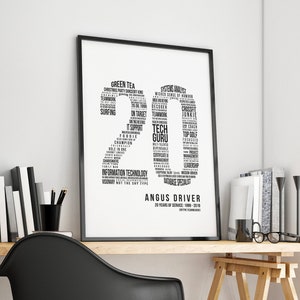 Mint Imprint 20th Work Anniversary Gift for 20 Years Service, Modern Black and White Text, Personalised Word Cloud, Custom Graphic Design Service
