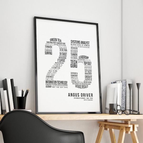 25 Year Work Anniversary Gift 25th Employee Service Award, Employment History Word Cloud Print Workiversary or Printable by Mint Imprint