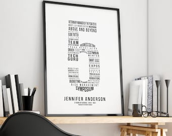 5 Year Work Anniversary Gift 5th Employee Service Award, Employment History Word Cloud Print Workiversary or Printable by Mint Imprint