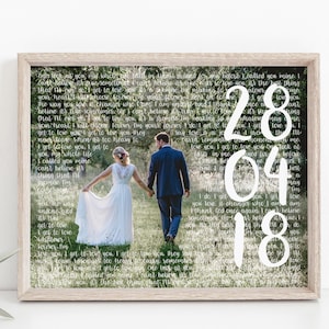 Stampa di foto e voti nuziali o testo della canzone del primo ballo, testo in caratteri rustici con data, regalo di anniversario sentimentale in carta [160e]
