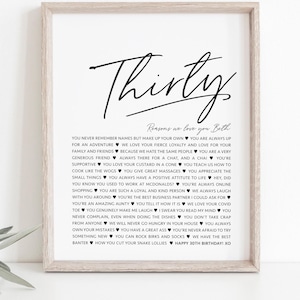 30th Birthday Gift with 30 Reasons Why We Love You Personalized Printable or Framed Gift Family Best Thirty Things Poster Life Story [159]