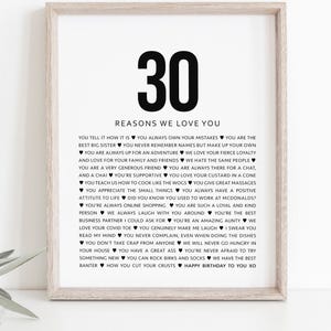 30 razones por las que te amamos. Regalo personalizado para el 30.° cumpleaños. Regalo para la mejor amiga. Impresión enmarcada o recuerdo imprimible [147]