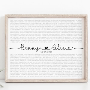 Song Lyrics Wall Art Print, 1 Year Anniversary Gift for Him, Custom Song Lyric Art Vows Wedding Song Lyrics Gift, Paper Gift Her Wife [160m]
