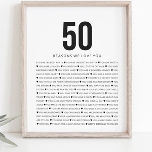 50 Geburtstag Geschenk für Frauen und Männer, Individuell 50 Gründe, warum wir dich lieben Geschenk der Wertschätzung, modern gerahmter Druck oder printable [147]