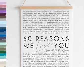 60 Reasons We Love You 60th Birthday Gift Personalised Framed or Printable 60th Sixty Poster Memory Keepsake [149]