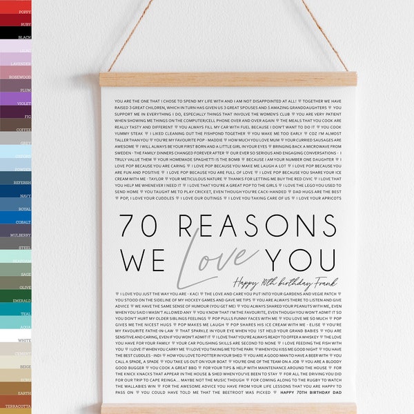 70 Reasons We Love You 70th Birthday Gift Personalised Framed or Printable 70th Seventy Poster Memory Keepsake [149]