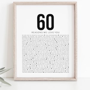 60th Birthday Gift for Women and Men, Custom 60 Reasons We Love You Heartfelt Gift of Appreciation, Modern Framed Print or Printable [147]